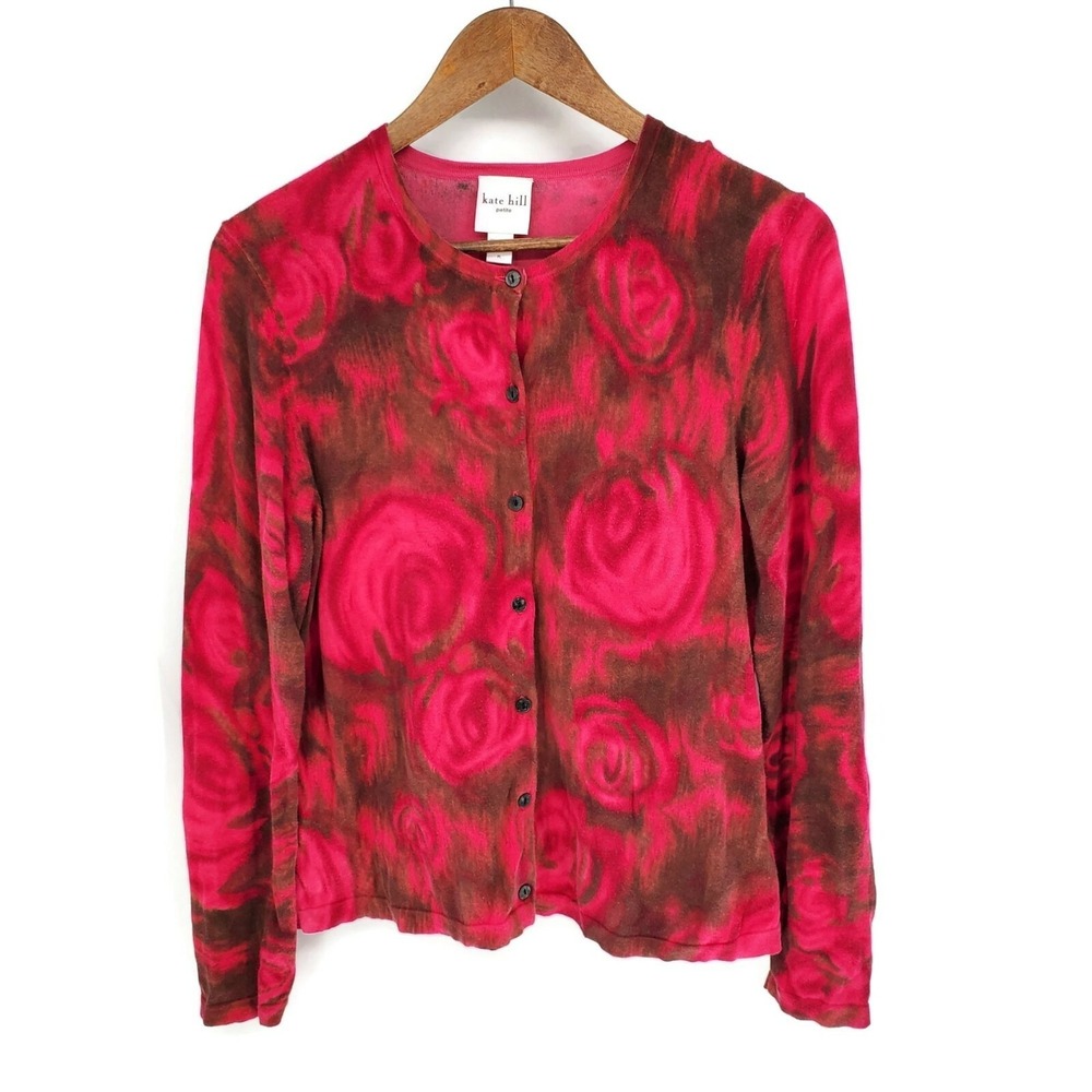 Kate Hill PL Rose Print Cardigan Knit Sweater Romantic Vintage Chic Cotton